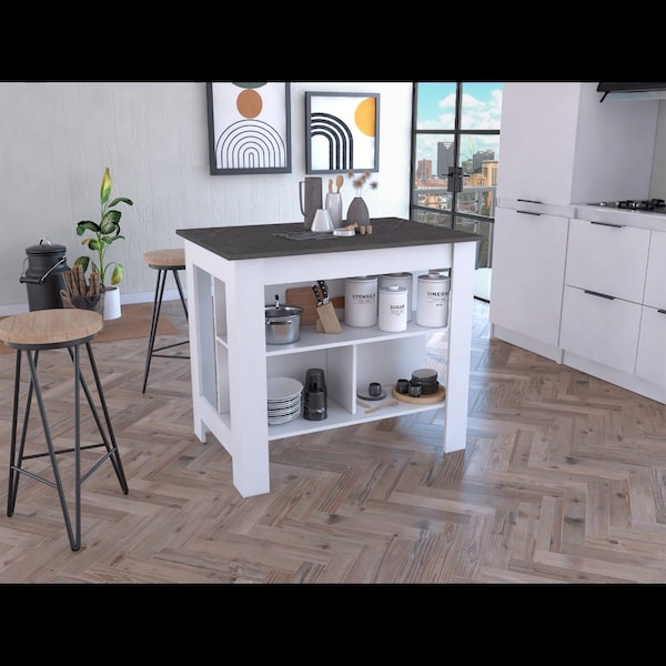 Cala Kitchen Island, Four Legs, Three Shelves, White/Onyx